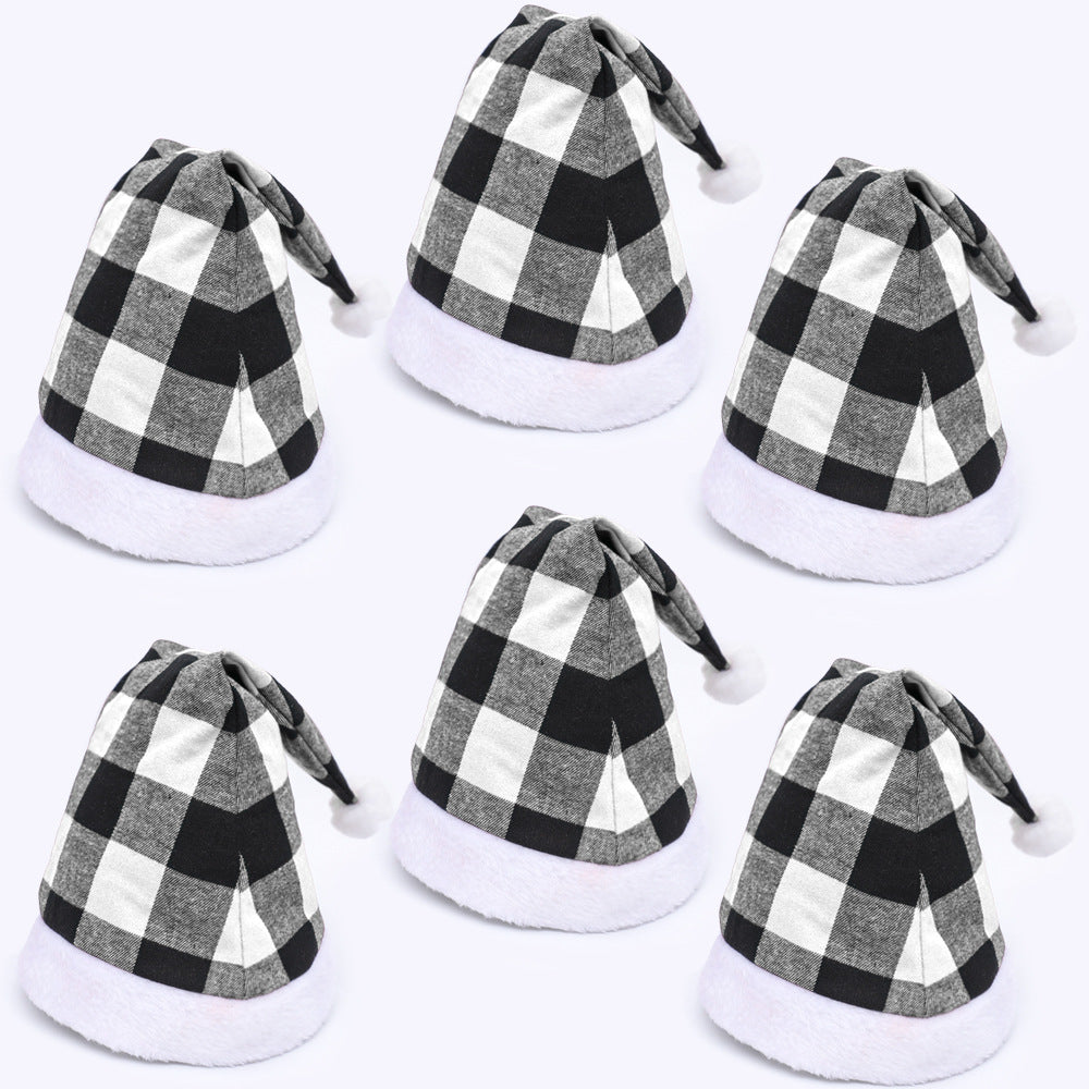Wholesale Black Red Black and White Plaid Fabric Adult One-size-fits-all Fabric Christmas Hat